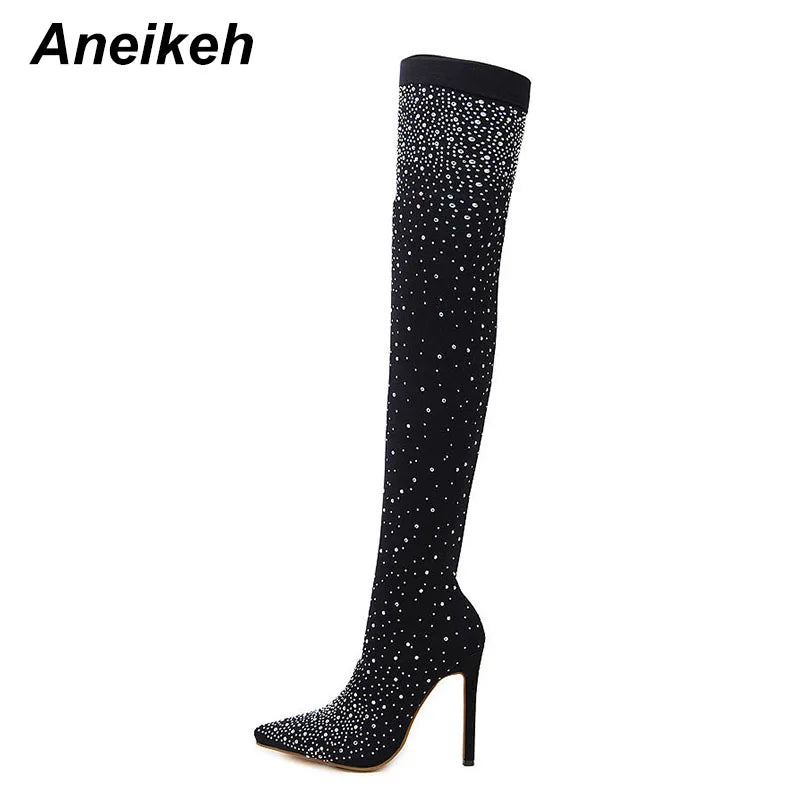 Sexy High Heels Sock Over-the-Knee Boots Pointed Toe Design Crystal Rhinestone Stretch Fabric Pole Dancing Women Shoes