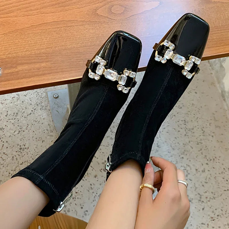 Women Suede Crystal Ankle Chelsea Boots High Heels Shoes Chunky Motorcycle Boots Square Toe Goth Snow Botas Pumps black
