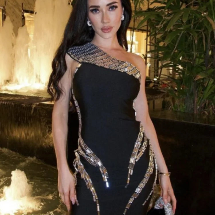 High Quality Women Sexy One Shoulder Sparkly Crystal Bodycon Mini Bandage Dress Fashion Celebrate Nightclub Party Outfit