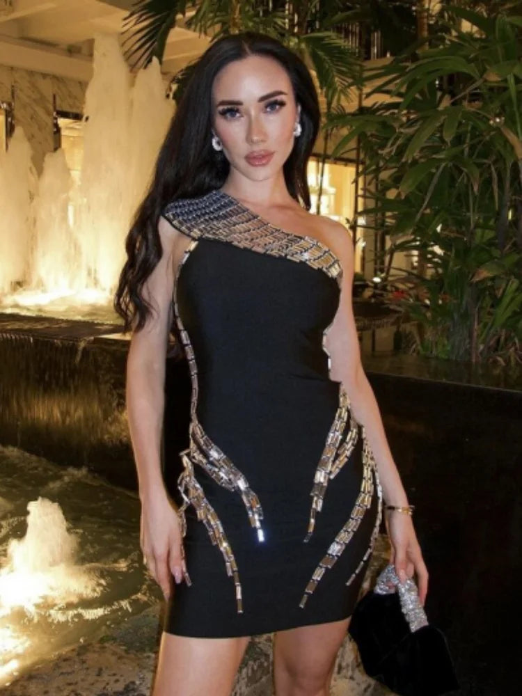 High Quality Women Sexy One Shoulder Sparkly Crystal Bodycon Mini Bandage Dress Fashion Celebrate Nightclub Party Outfit