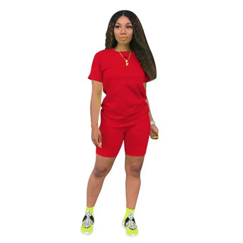 Women Sets Summer Outfit Sportswear Two Piece O-Neck Short Sleeve Tee Gym Tracksuit Jogging Tshirts Casual Style Red