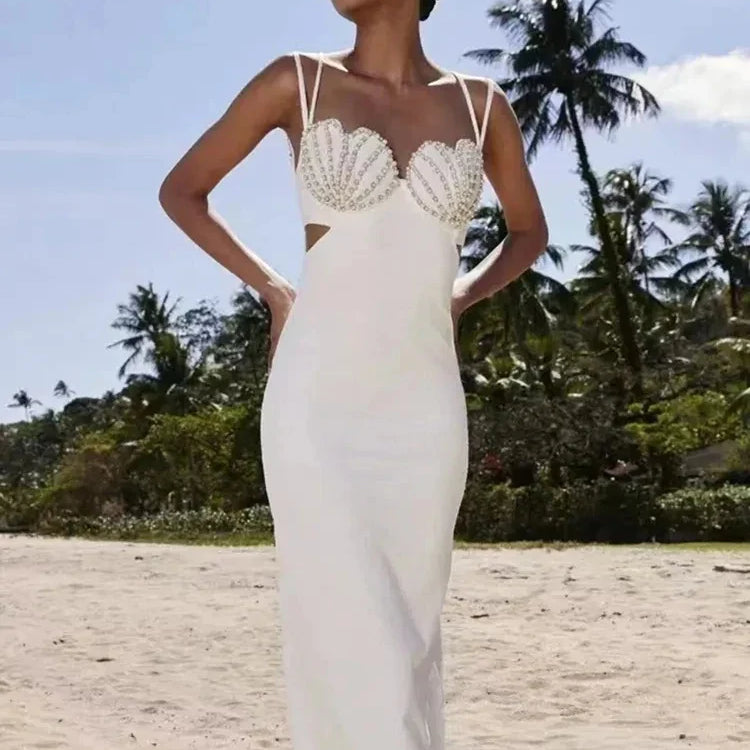 New Summer Women Sexy V Neck Beading White Black Bodycon Midi Bandage Prom Dress Elegant Evening Cocktail Party Dresses WHITE