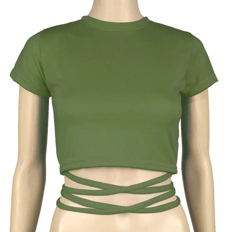 13 Colors Women Lace Up Cropped T-shirts Summer Lady O-Neck Short Sleeve Slim Bandage Tee Tops GXJCK-2180 Green