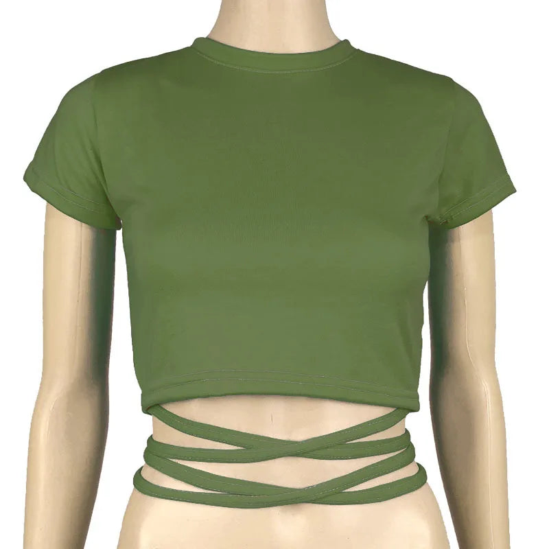 13 Colors Women Lace Up Cropped T-shirts Summer Lady O-Neck Short Sleeve Slim Bandage Tee Tops GXJCK-2180 Green