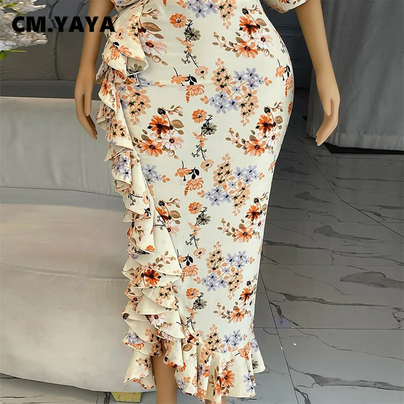 CM.YAYA Women Lantern Half Sleeve Ruffles Side Floral Print Side Split Long Maxi Dress 2025 Evening Sexy Party Dresses Vestidos