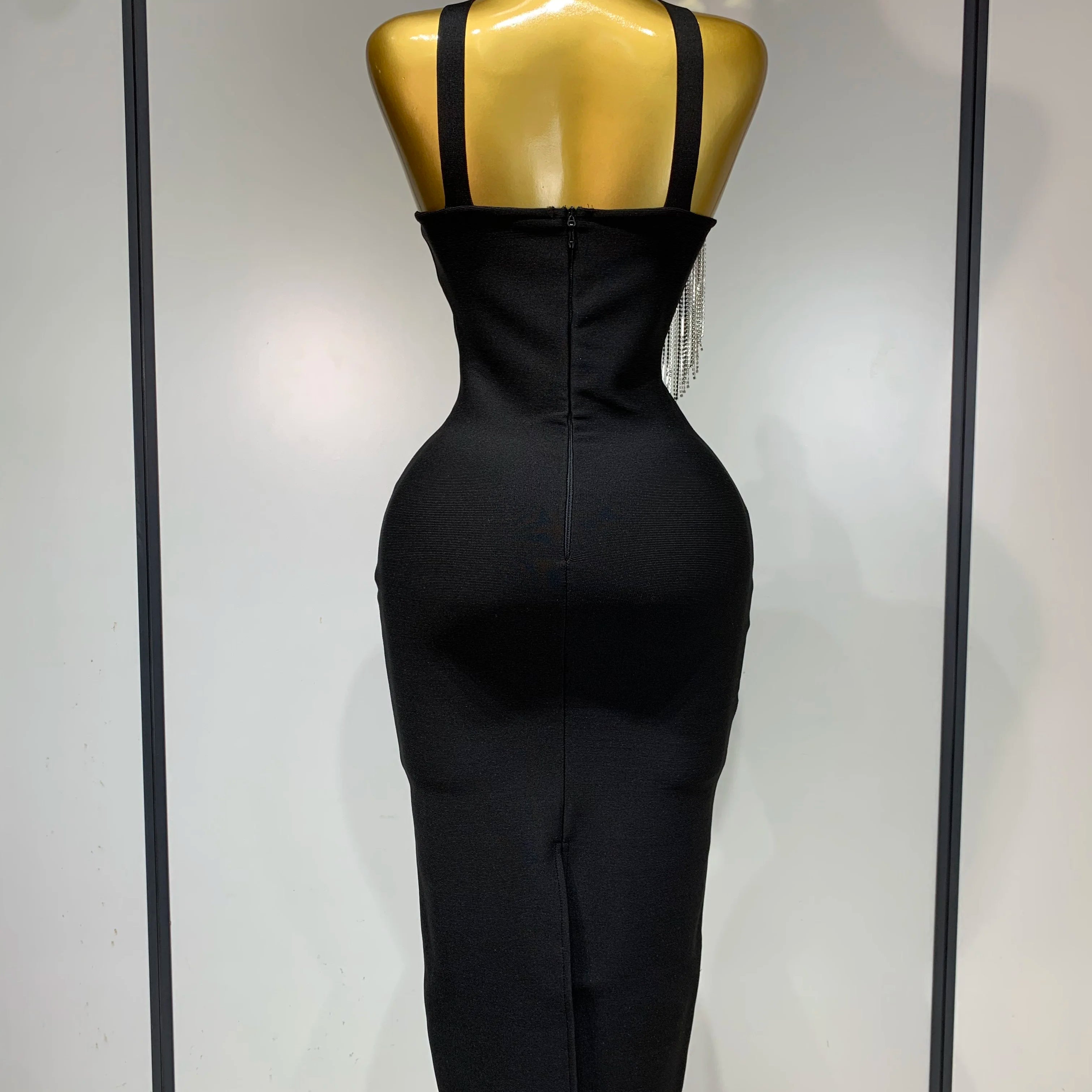 Women Sexy Diamonds Tassel Crystal Midi Black Bodycon Bandage Dress 2025 Elegant Evening Party Luxury Birthday Dresses Vestido