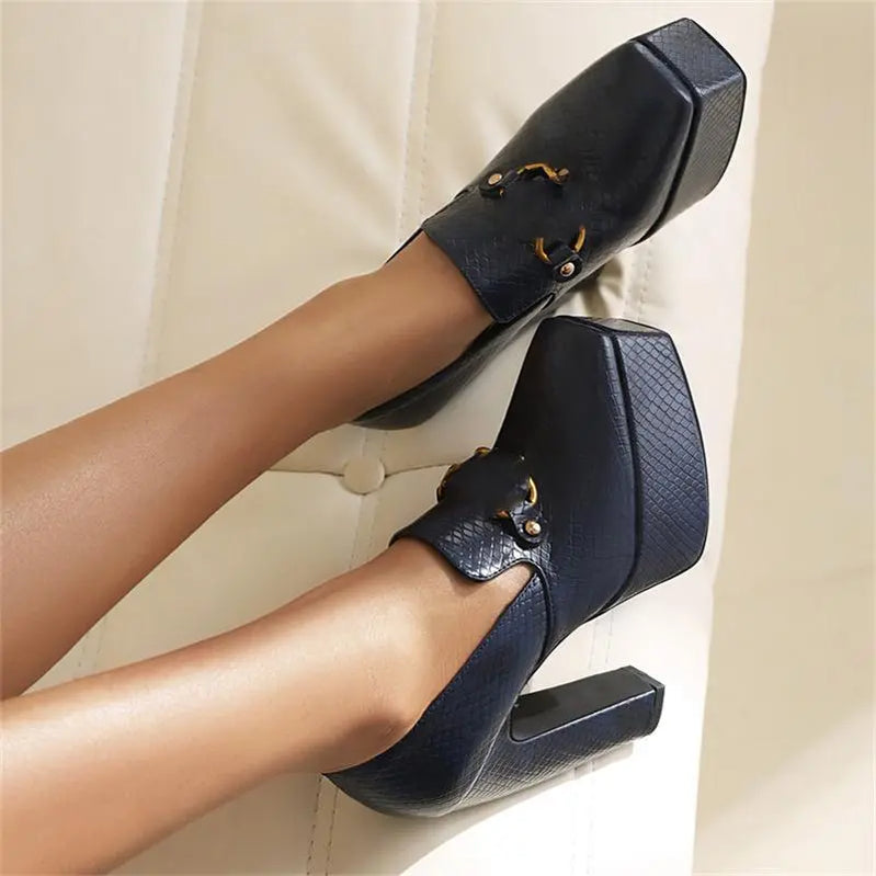 Super High Heel Women Shoes 2024 Spring Autumn Platform Square Head Metal Fastener Party Office Shoes Size 43 Blue