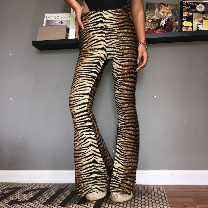 Lygens High Waist Leopard Tiger Print Flare Leggings Women Design Sexy Trousers Club Flare Legs Pants Casual Women Clothing