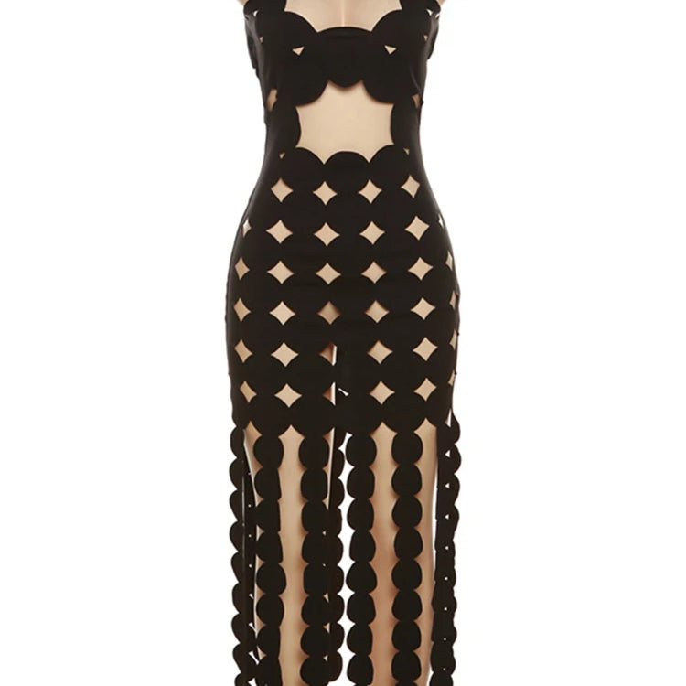 Halter Black Backless Hollow Out Hole Tassel Sexy Maxi Dress Slim Summer Fashion See Through Festival Nightclub Clothes