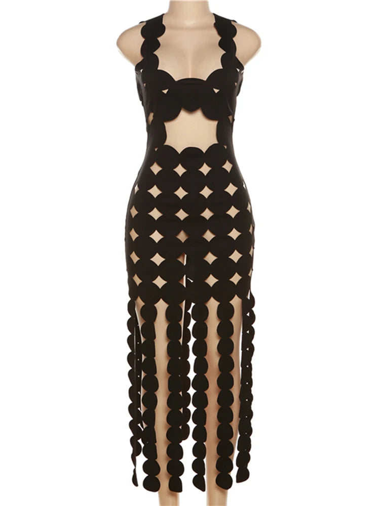 Halter Black Backless Hollow Out Hole Tassel Sexy Maxi Dress Slim Summer Fashion See Through Festival Nightclub Clothes