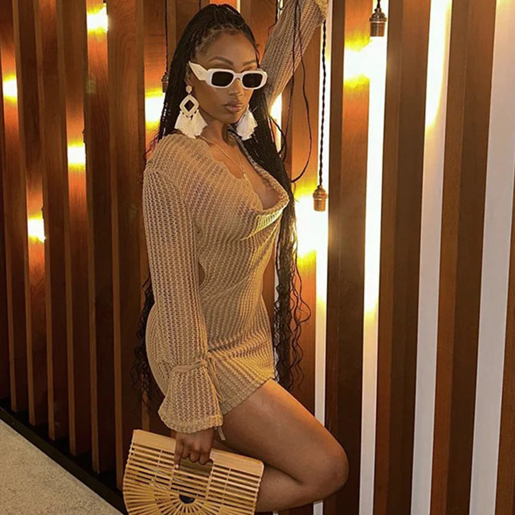 WannaThis Knitted Cutout Deep V-Neck Long Sleeve Ruched Dress Women Sexy Fashion Round Neck Backless Wrapped Woven Mini Dress