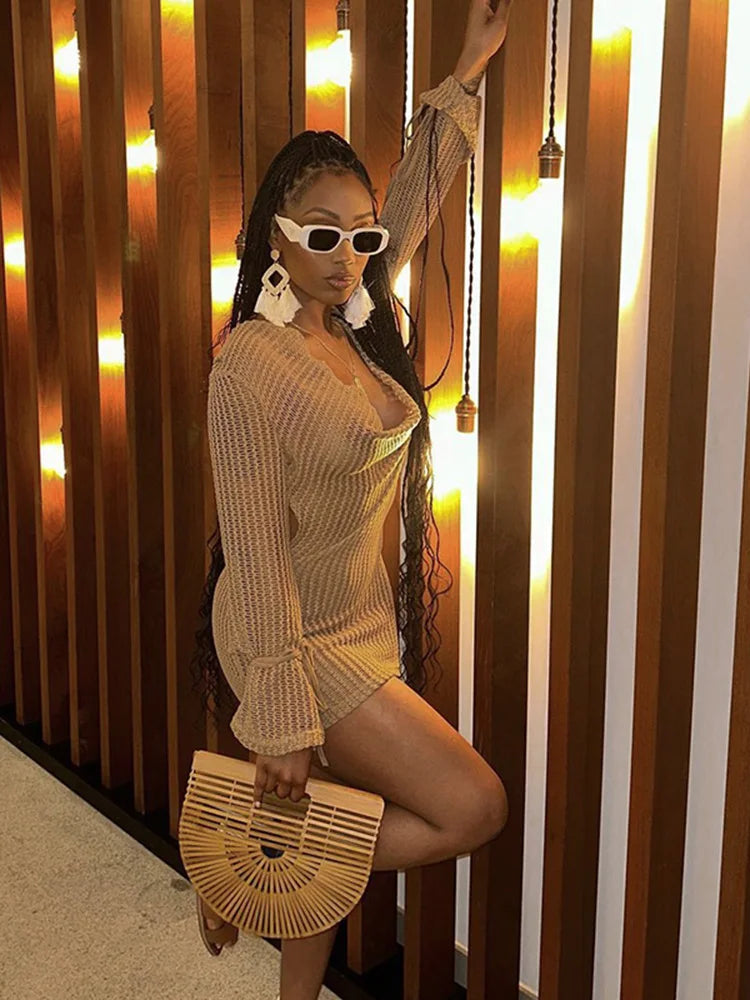 WannaThis Knitted Cutout Deep V-Neck Long Sleeve Ruched Dress Women Sexy Fashion Round Neck Backless Wrapped Woven Mini Dress