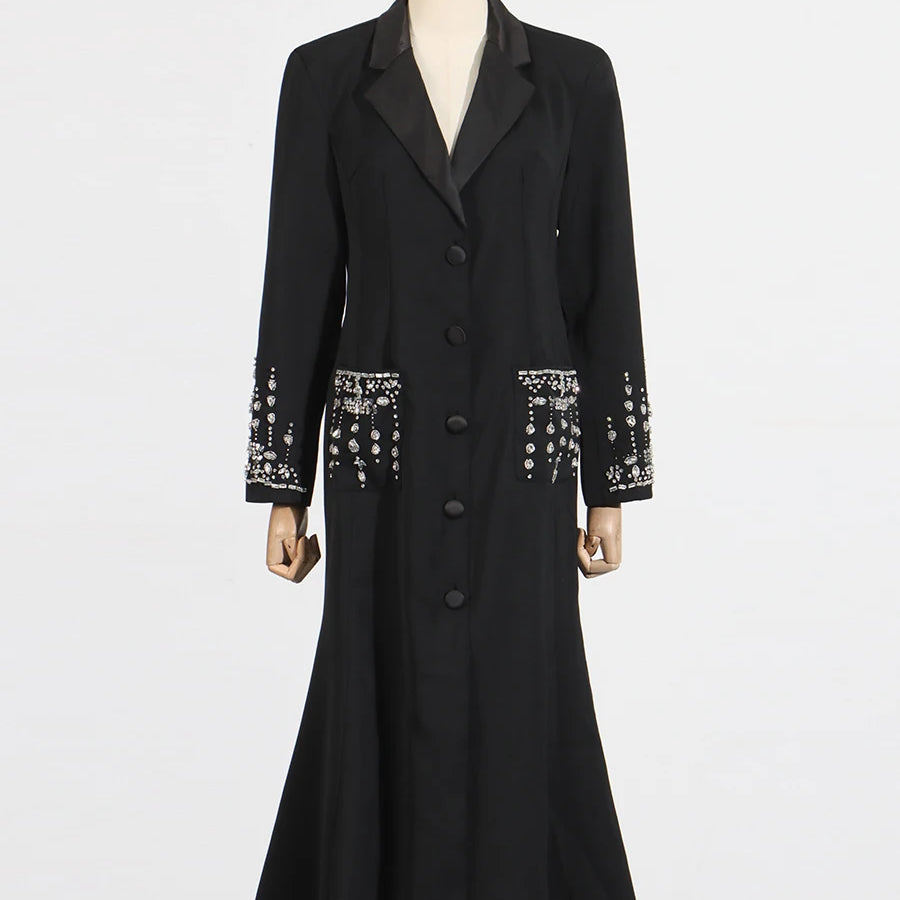 TWOTWINSTYLE Solid Slimming Spliced Diamonds Dresses for Women Lapel Long Sleeves Patchwork Single Breasted Dress Female Fashion