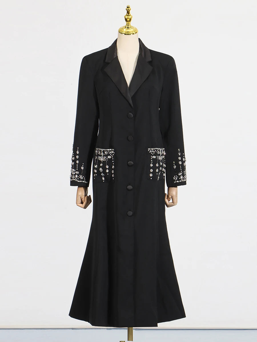 TWOTWINSTYLE Solid Slimming Spliced Diamonds Dresses for Women Lapel Long Sleeves Patchwork Single Breasted Dress Female Fashion