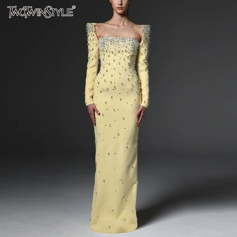 TWOTWINSTYLE Solid Slimming Spliced Bead Luxurious Midi Dresses for Women Square Neck Long Sleeves Split Elegant Dress Female