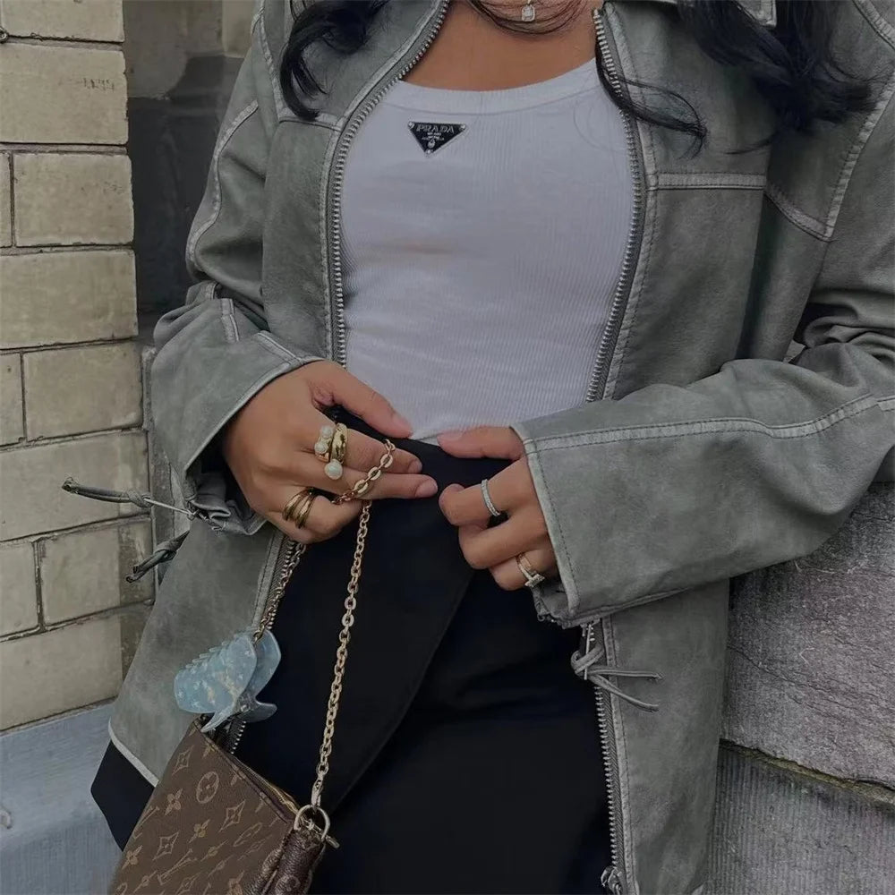 Casual Polo Collar Wash Imitation Leather Jacket Coat