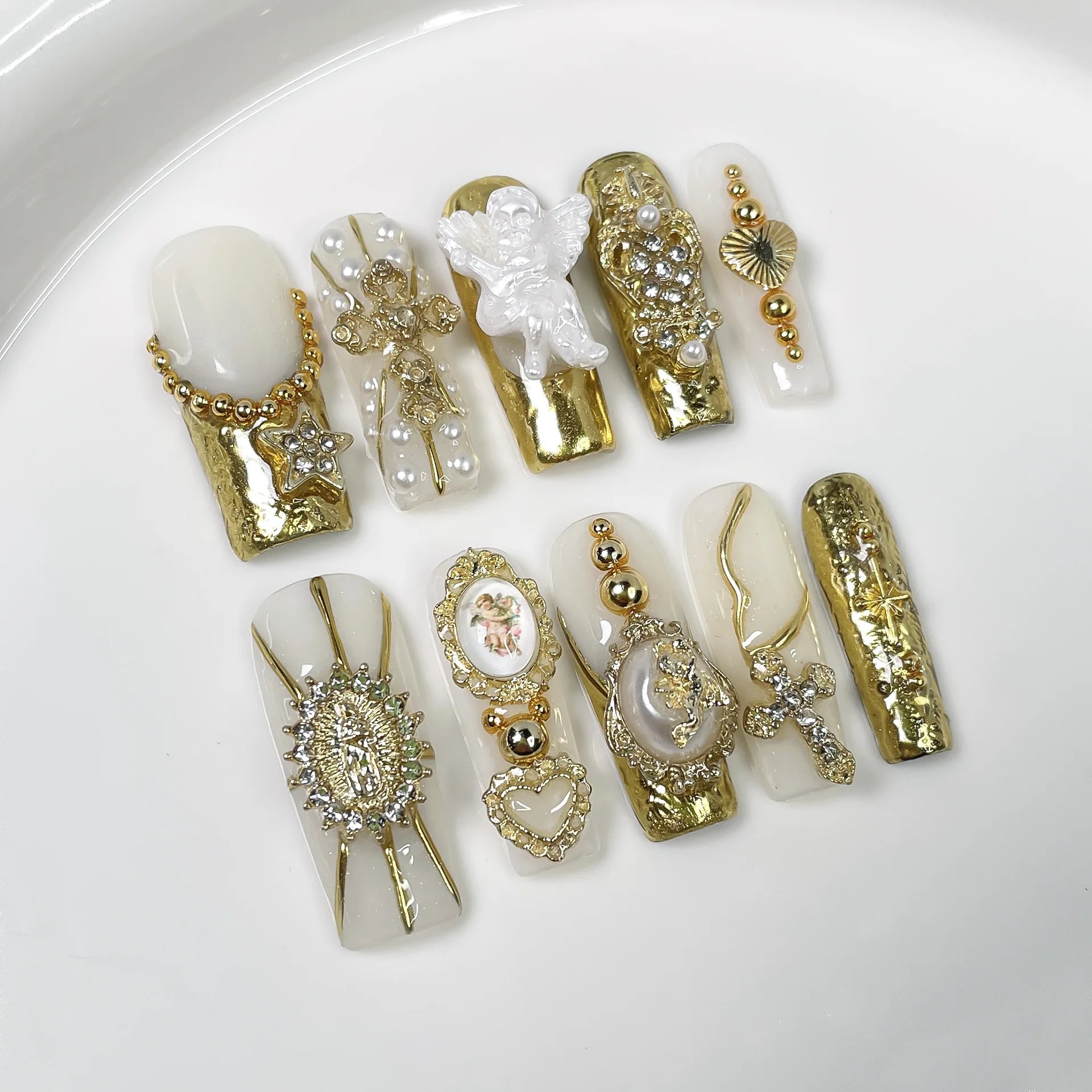 10Pcs Wine Red French Coffin Long Press on Nails Light Luxury Maximalism Golden Baroque Designs Stick on Retro Nails Detachable