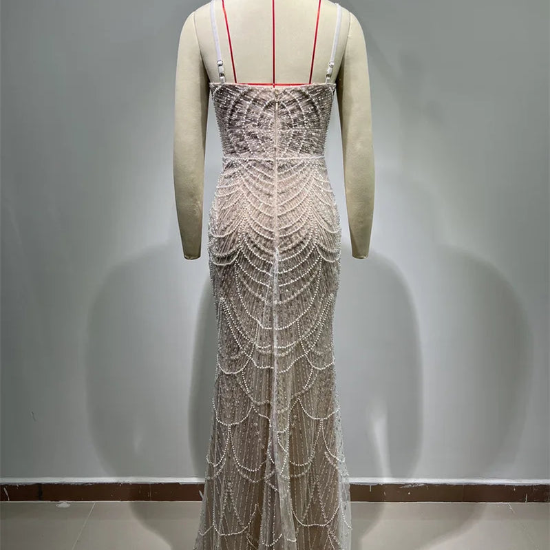 2025 Luxury Pearl Beading Haute Couture Sexy V-Neck Floor Length Dress Woman Birthday Party Dress Wedding Party Goddess Vestido