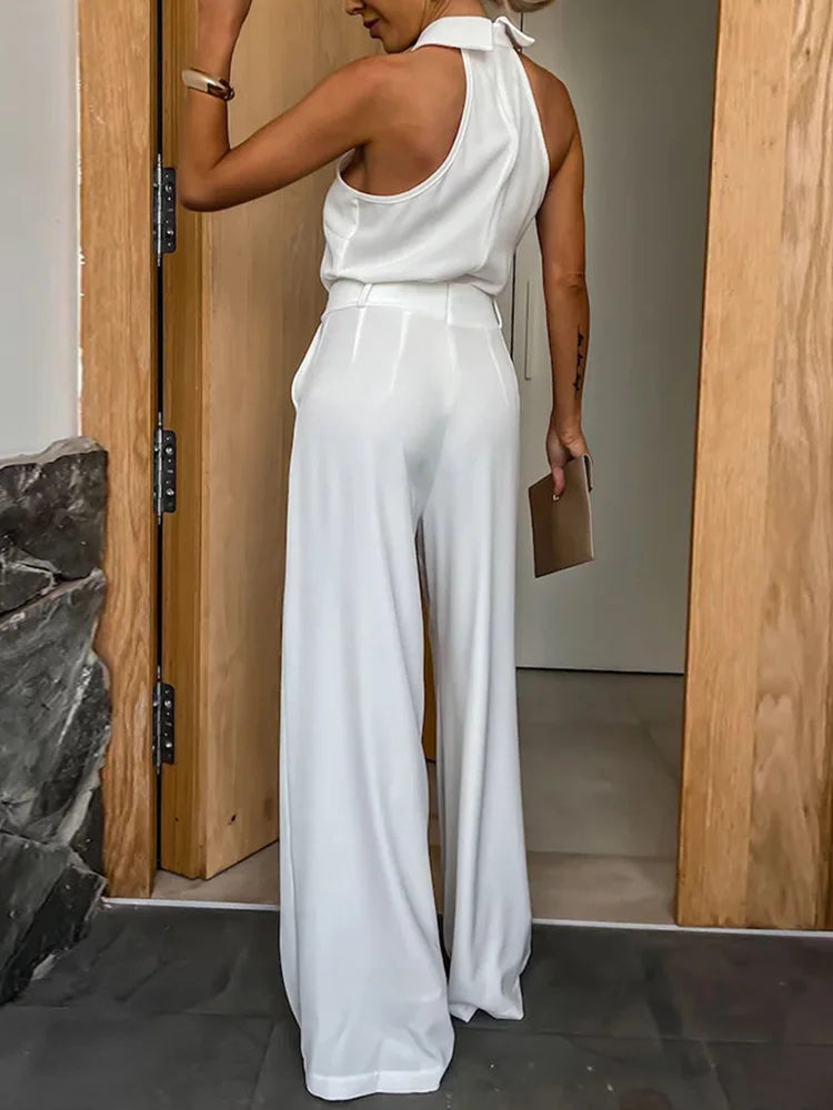 Wide Leg Pants Loungewear Bodysuits, Women Spring Summer Pocket Sleeveless Jumpsuits, Turn-Down Collar Simple Ladies Playsuits