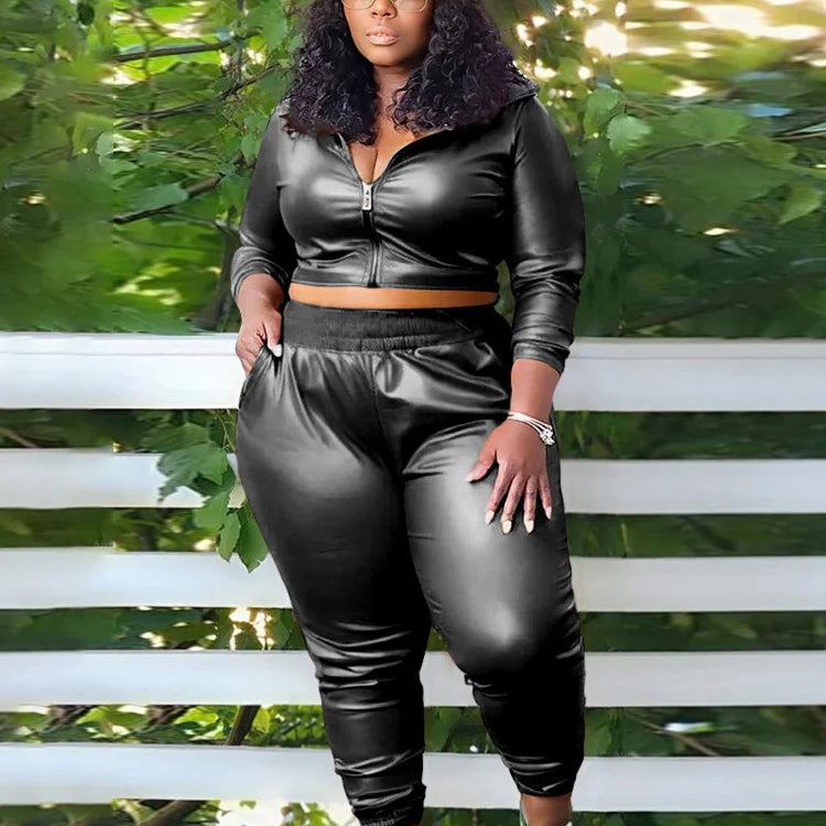Wmstar Plus Size PU Two Piece Outfits Women Fall Clothing Hoodies Coat Pants Sets Legging Matching Set Wholesale Dropshipping