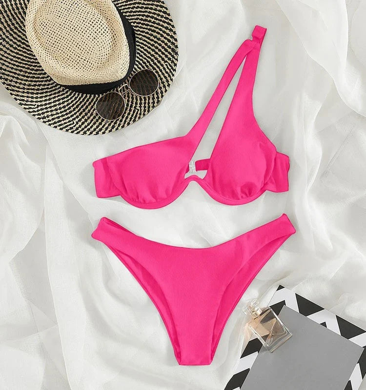 Sexy Push Up Bikini Set Women Cut Out Swimsuit Summer One Shoulder Swimwear Female Bathing Suit Beachwear Lady High Waist Bikini rose red