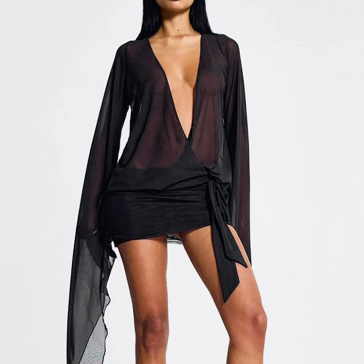Mesh See Through Sexy Mini Dress For Women Black Sheer Mesh Deep V Neck Long Sleeve Backless Draped Ruched Dress