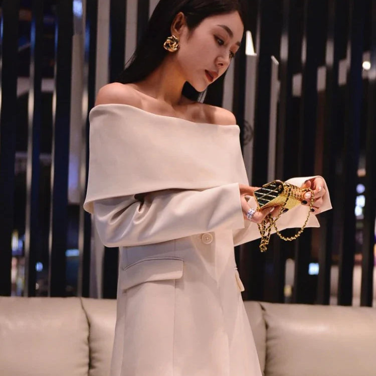 TWOTWINSTYLE Slash Neck Chic Blazers For Women Off Shoulder Long Sleeve Patchwork Single Button Solid Coat Female Clothes 2022