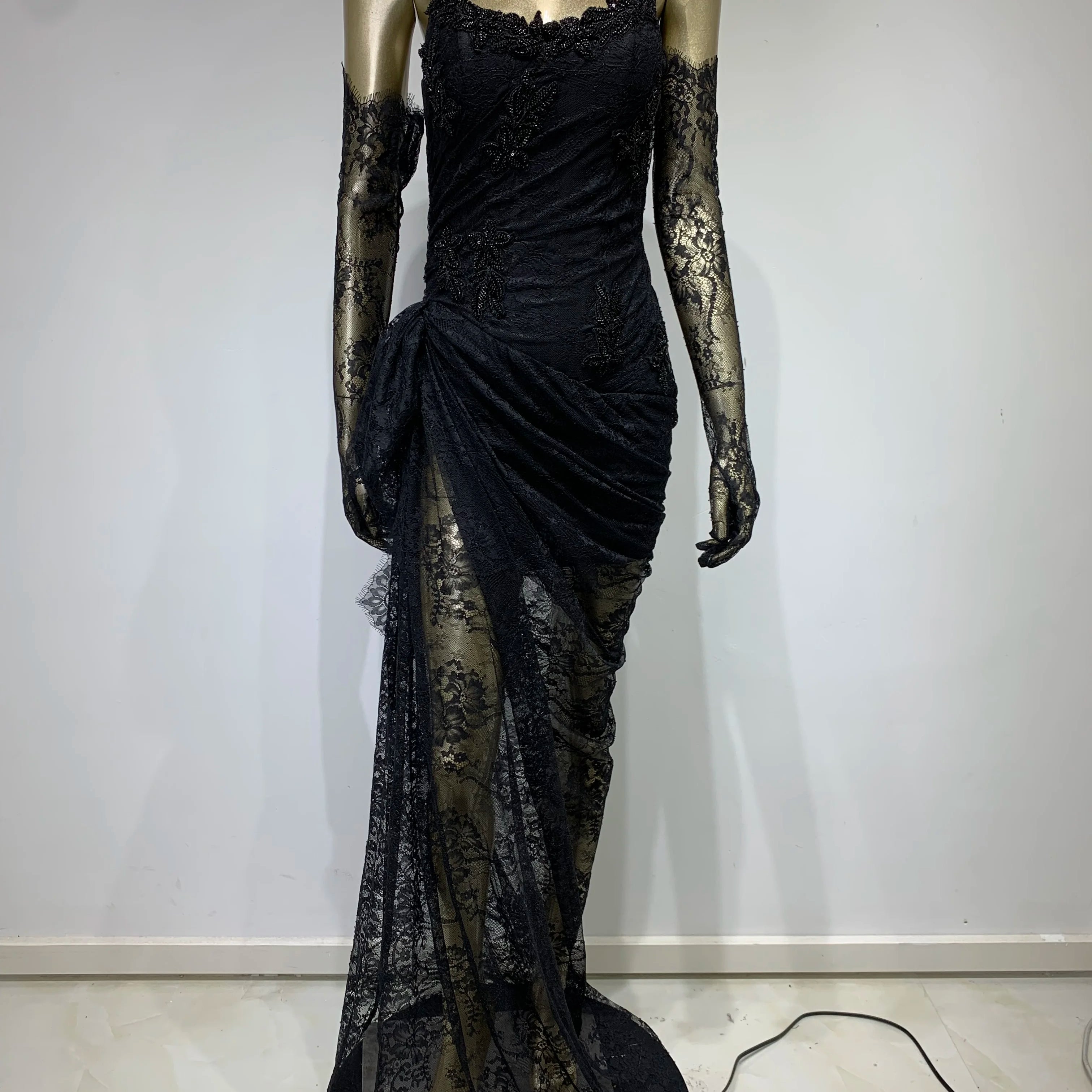 Women Summer Sexy Strapless Backless Black Lace Gloves Maxi Long Dress 2023 Elegant Evening Party Club Dress