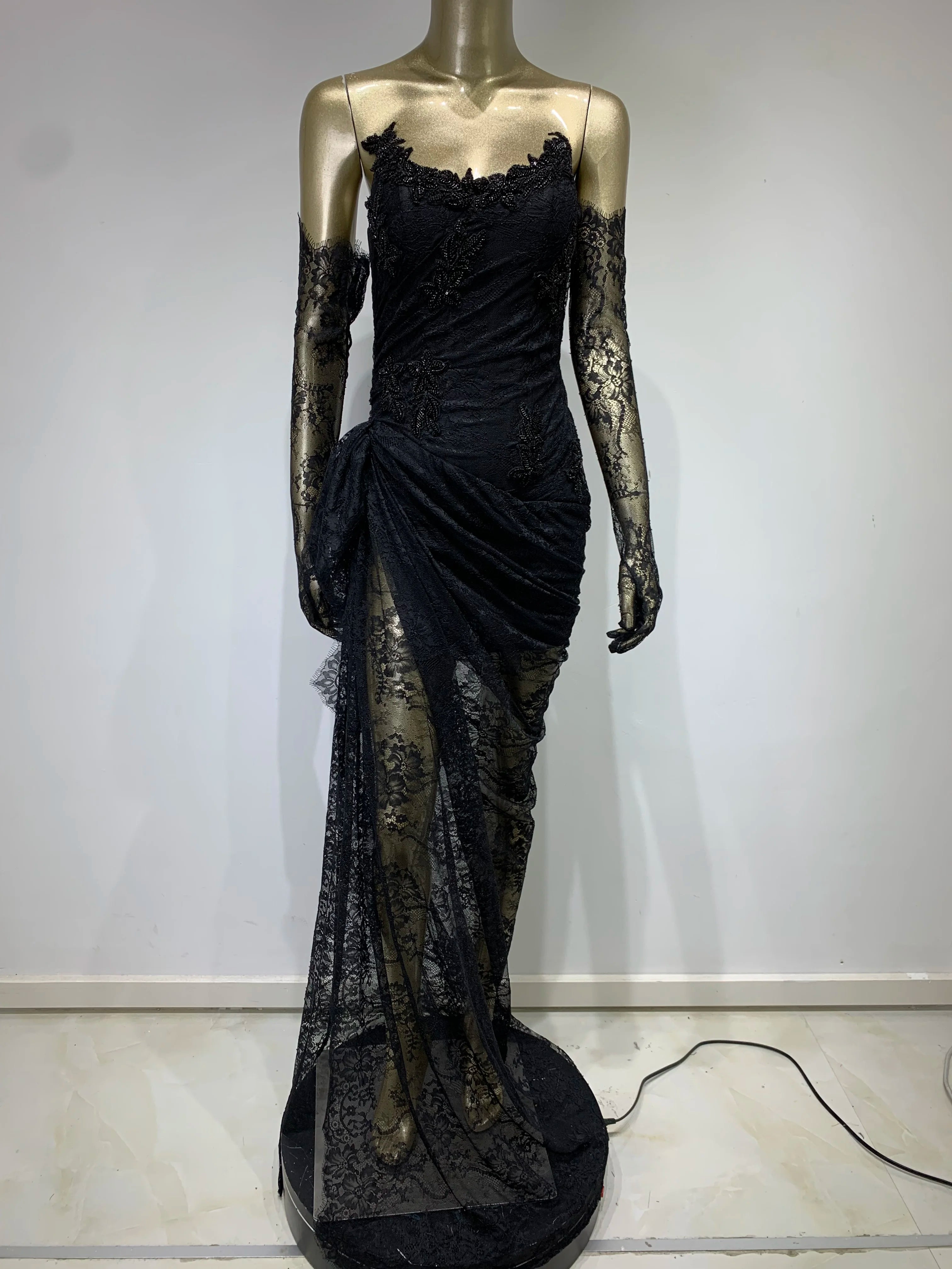 Women Summer Sexy Strapless Backless Black Lace Gloves Maxi Long Dress 2023 Elegant Evening Party Club Dress