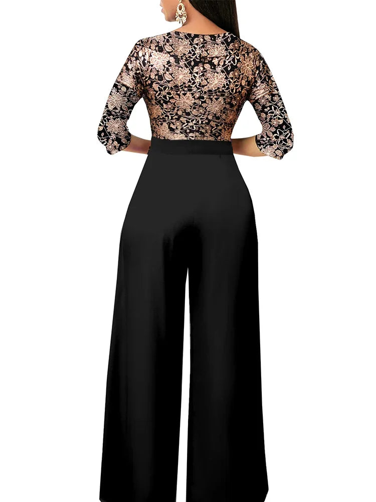 Sets Outifits 2023 Gilded Floral V-neck Loose Fitting Jumpsuit of One Fashion Casual Pieces for Women Elegant Female