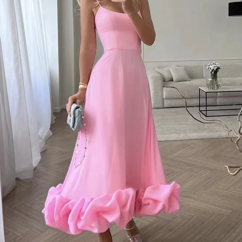 Bridal Luxury Evening Dresse Slim Fit Slash Neck A-LINE Sleeveless Ankle-Length Solid Chiffon Dress Women Pink