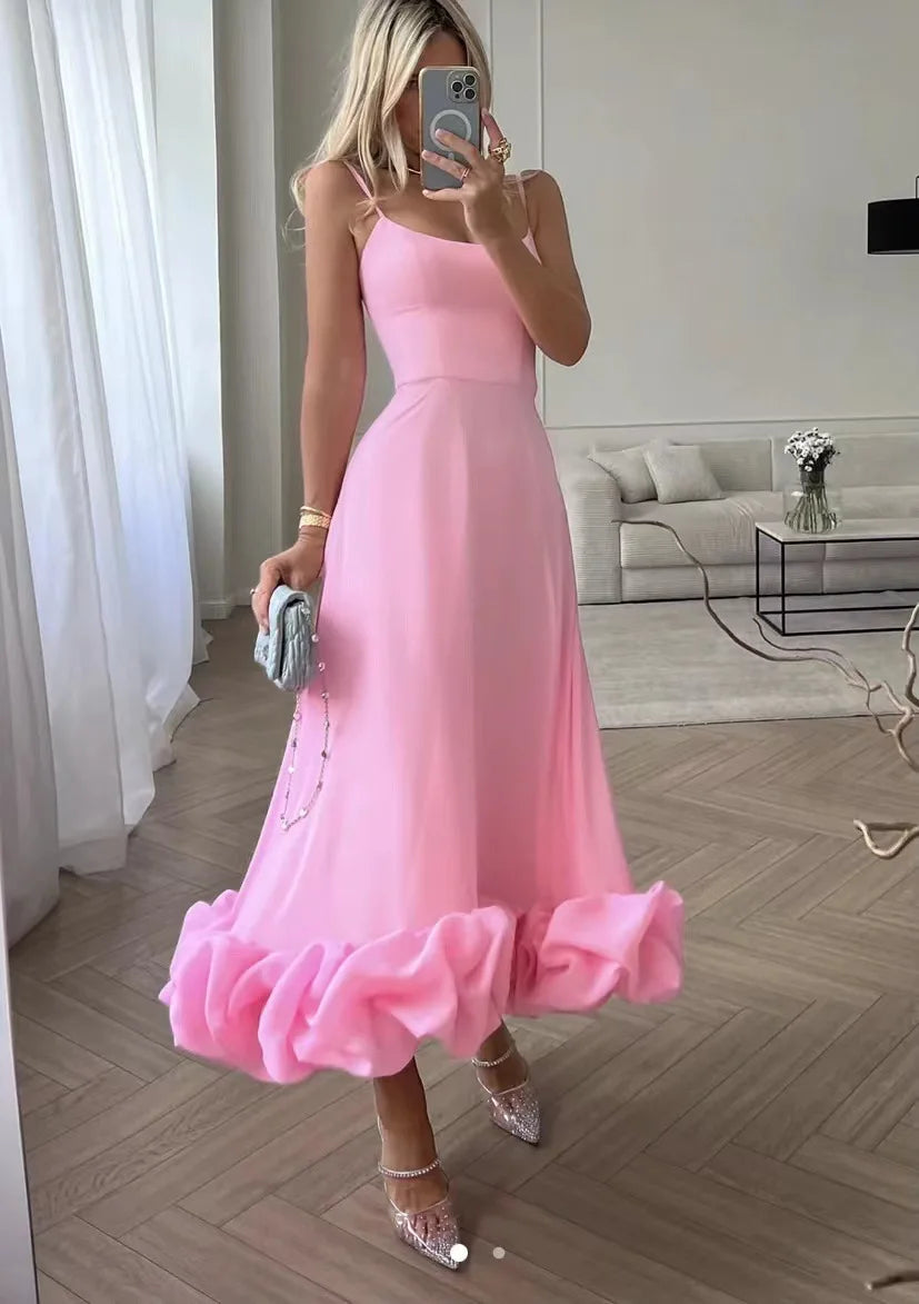 Bridal Luxury Evening Dresse Slim Fit Slash Neck A-LINE Sleeveless Ankle-Length Solid Chiffon Dress Women Pink