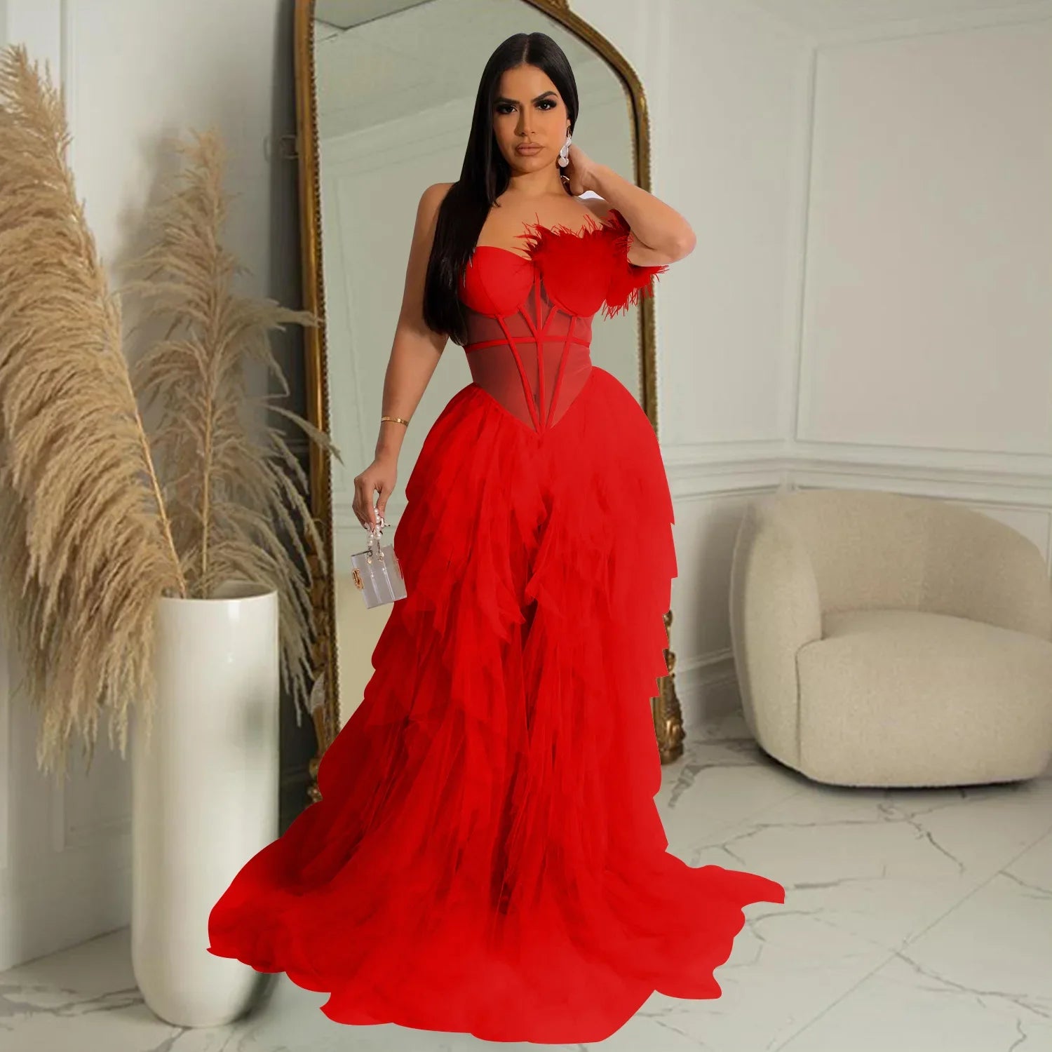 CM.YAYA Women Tierred Mesh See Though Off Shoulder Sweetheart Collar Maxi Long Floor Length Dress Evening Sexy Party Dresses