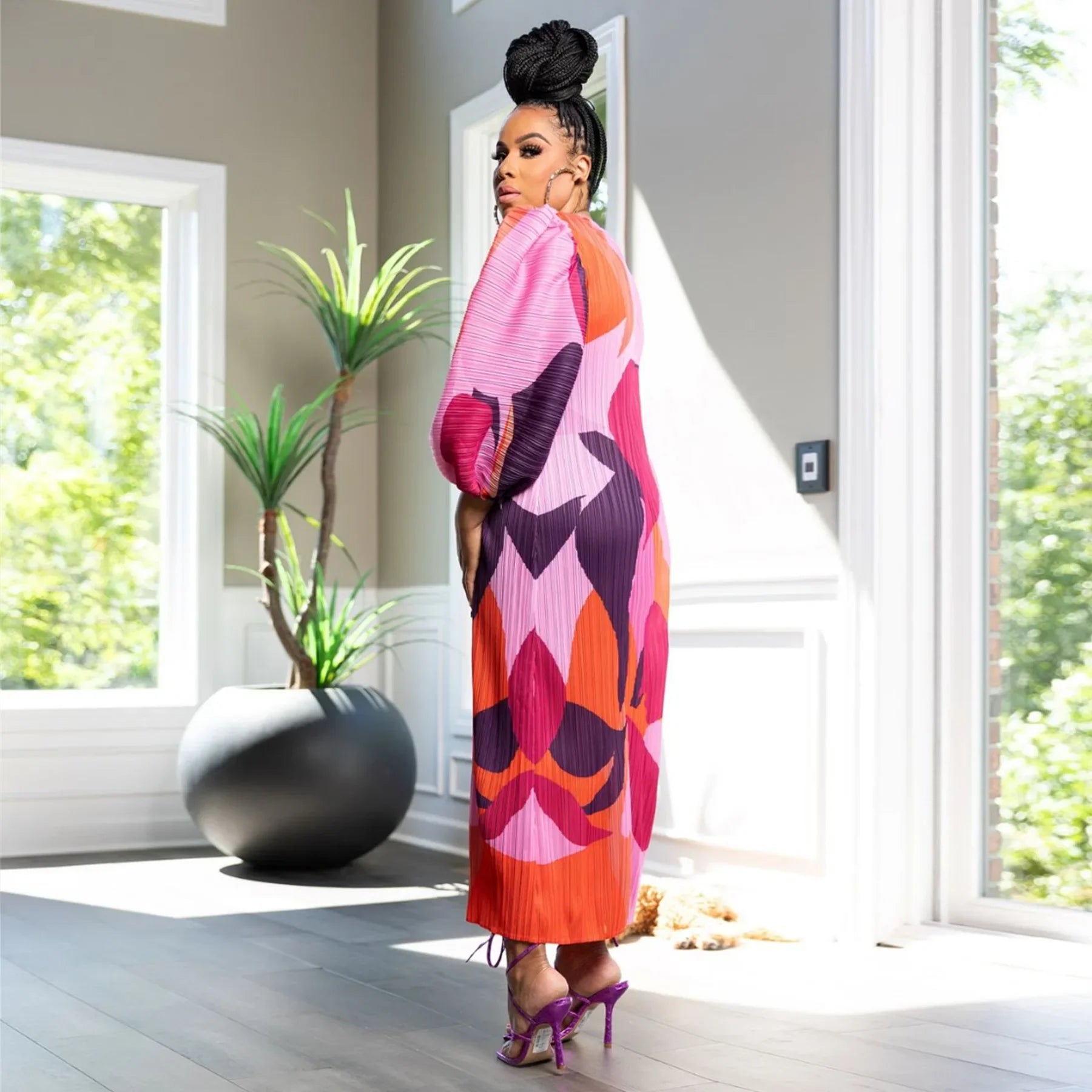 CM.YAYA Elegant Women Pleated Half Lantern Sleeve O-neck Slim Maxi Long Dress Print Fashion Autumn 2024 Ruched Dresses Vestidos