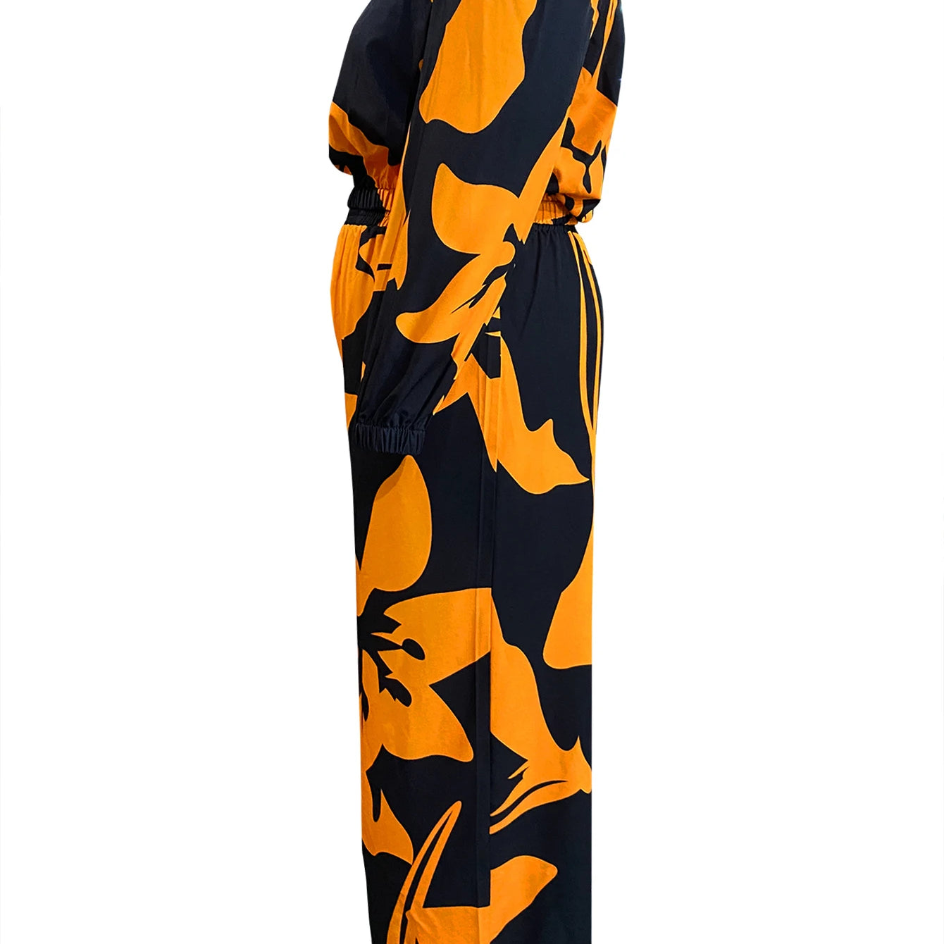 LW Plus Size Elegant Two pieces sets Off The Shoulder Floral Print Pants Set long sleeve color contrast Top + loose pants sets