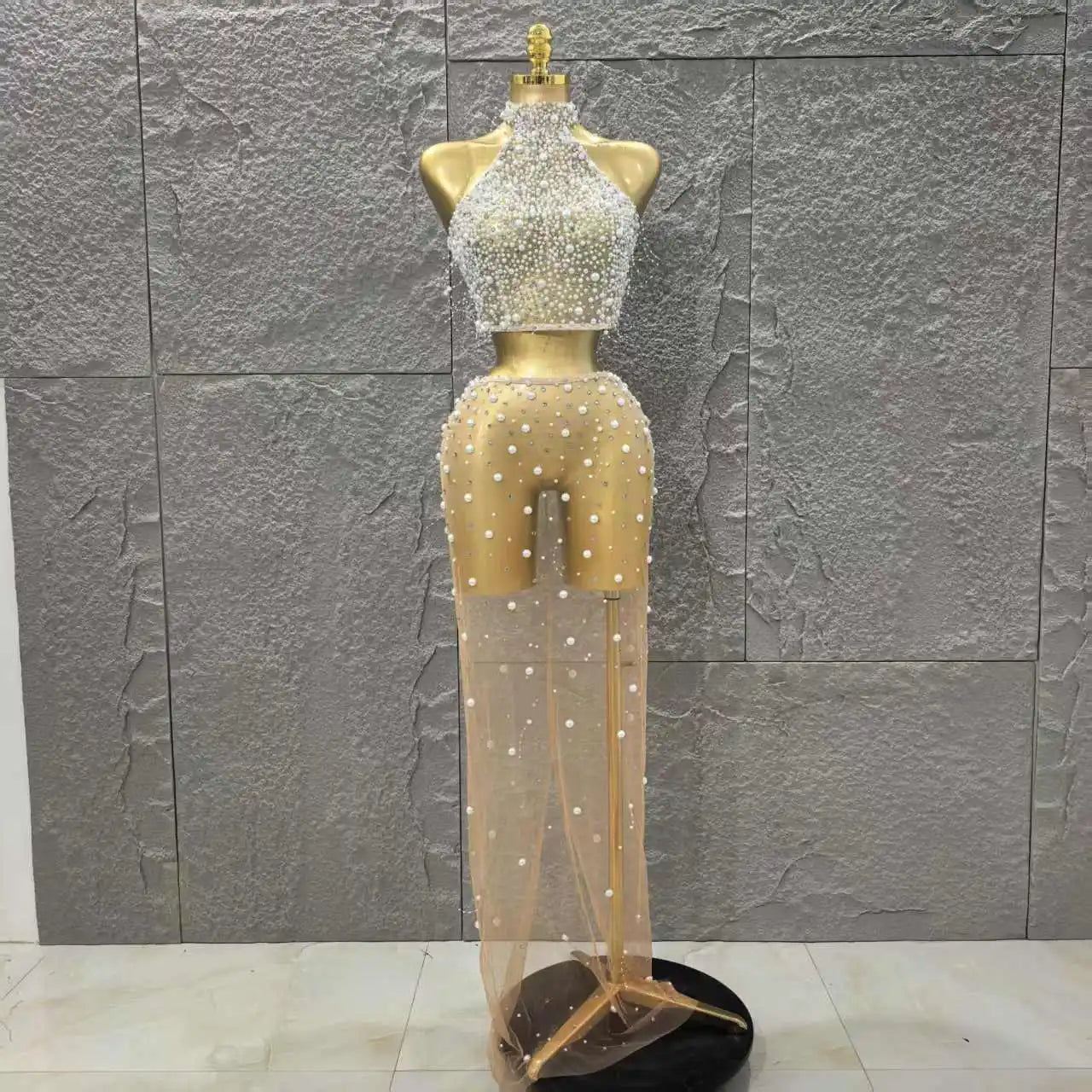 STOCK Fashion Women Sleeveless Sexy Beading Mesh See Through 2 Pieces Bodycon Dress Celebrate Nightclub Party Outfit Vestido