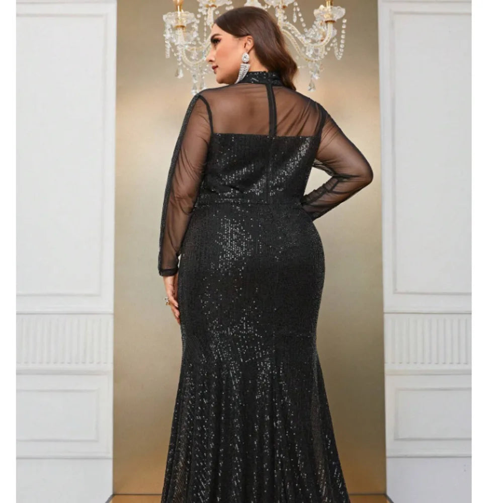 Party Dresses Women Sequins Lace Splicing Black Elegant Evening Dresses Long Sleeve Large Fashion Lady Banquet Dress 2024 New