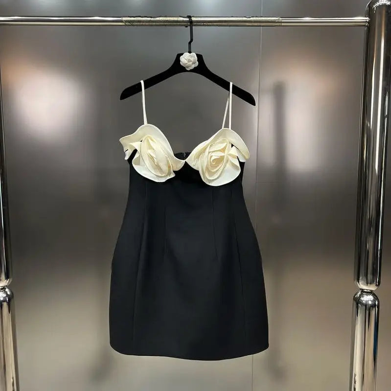 PREPOMP Spring New Arrival Sleeveless Petals Appliques Design Contrast Color Slim Waist Short Dress Women GM986 Black