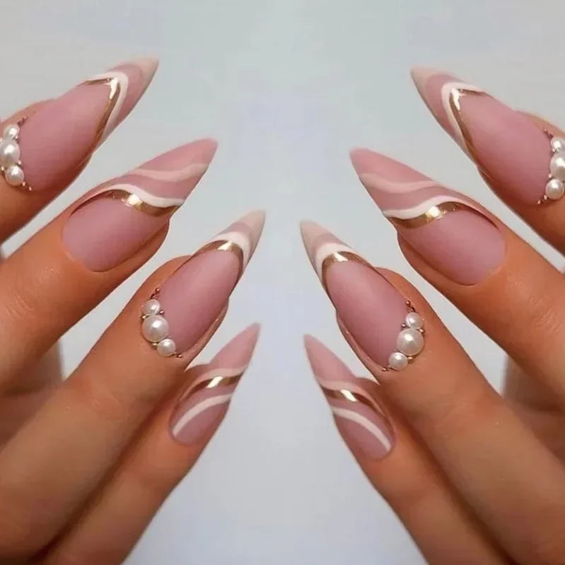 24Pcs Short Round Head False Nails Glitter Pink Almond Fake Nails Strawberry Full Cover Press on Nails Wearable Nail Tips