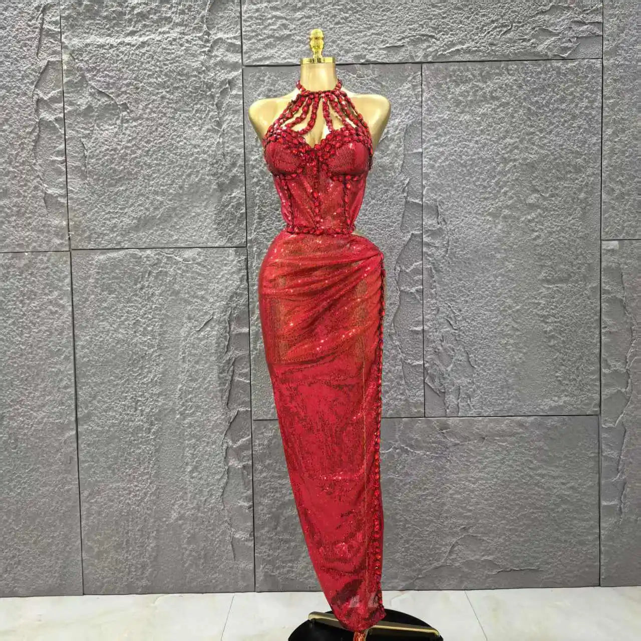 Red Color Women Sexy Off the Shoulder Shinning Crystal 2 Pieces Bodycon Long Dress Celebrate Birthday Party Nigtclub Outfit