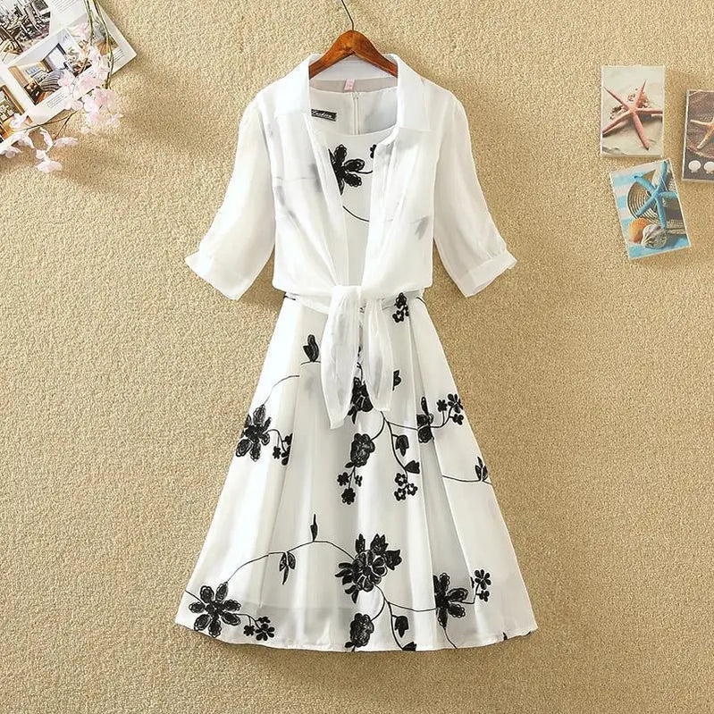 Elegant Suit Two-piece Dress High Waist Sleeveless Slim A-line Skirt Floral Embroidery White Top Bow Belt Vintage WOMEN