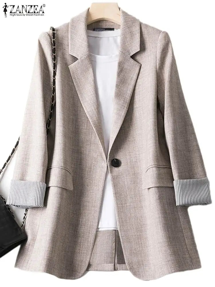 Fashion Office Women Blazer OL Casual Long Sleeve Coats Elegante Lapel Female Work Outwear Solid Simple Formal Suits Khaki