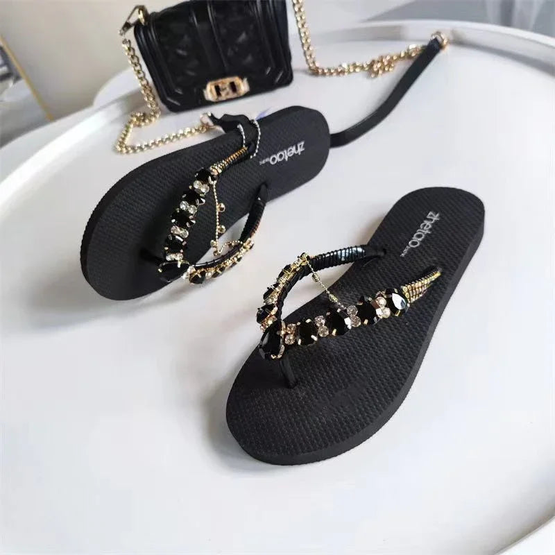 Comfortable and Fashionable All-match Beach Shoes Non-slip Soft Bottom Casual Flip-flops Rhinestone Chain Flat Slippers black