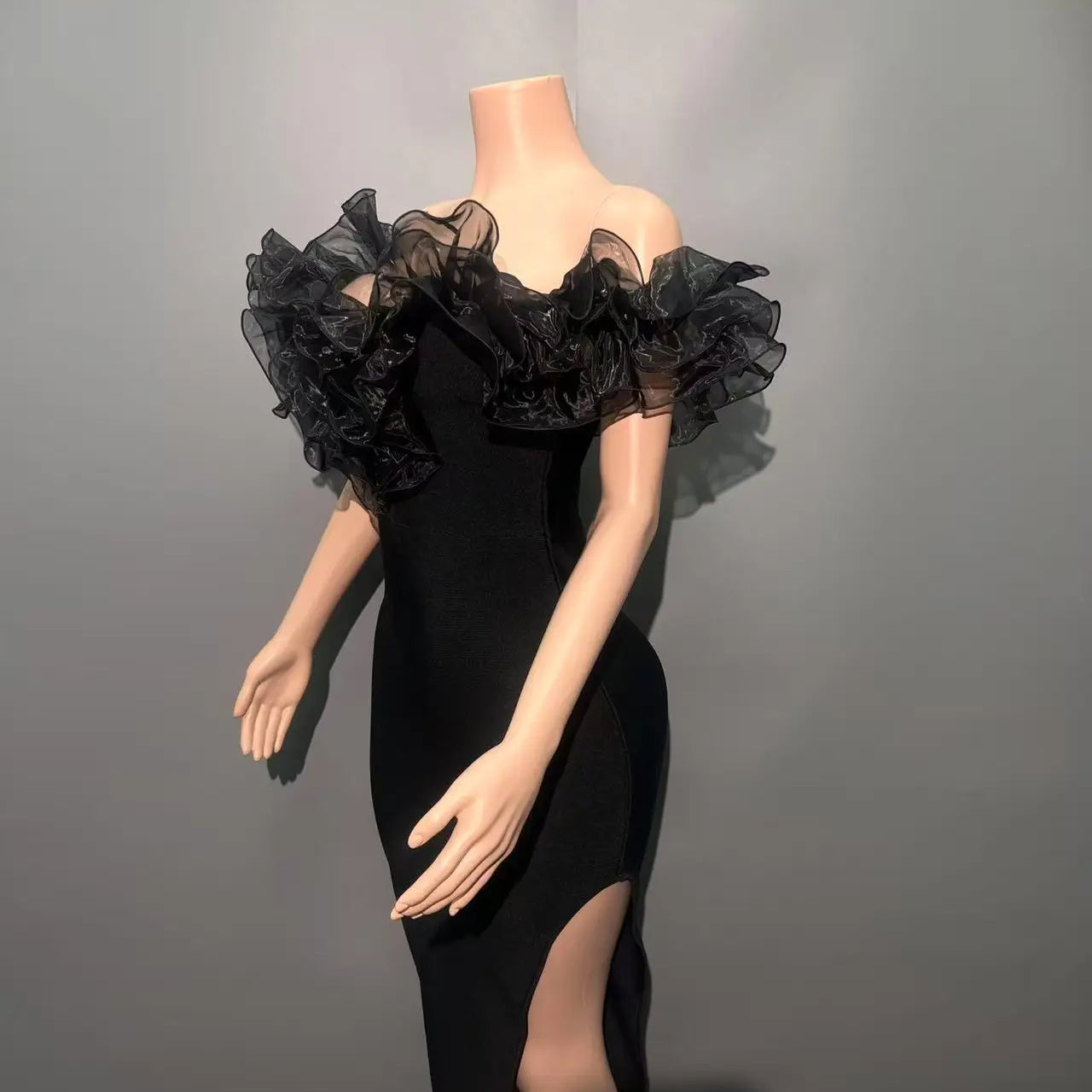 Women Slash Neck Ruffles Bodycon Bandage Mid-calf Dress Celebrate Nightclub Party Birthday Outfit Wholesale