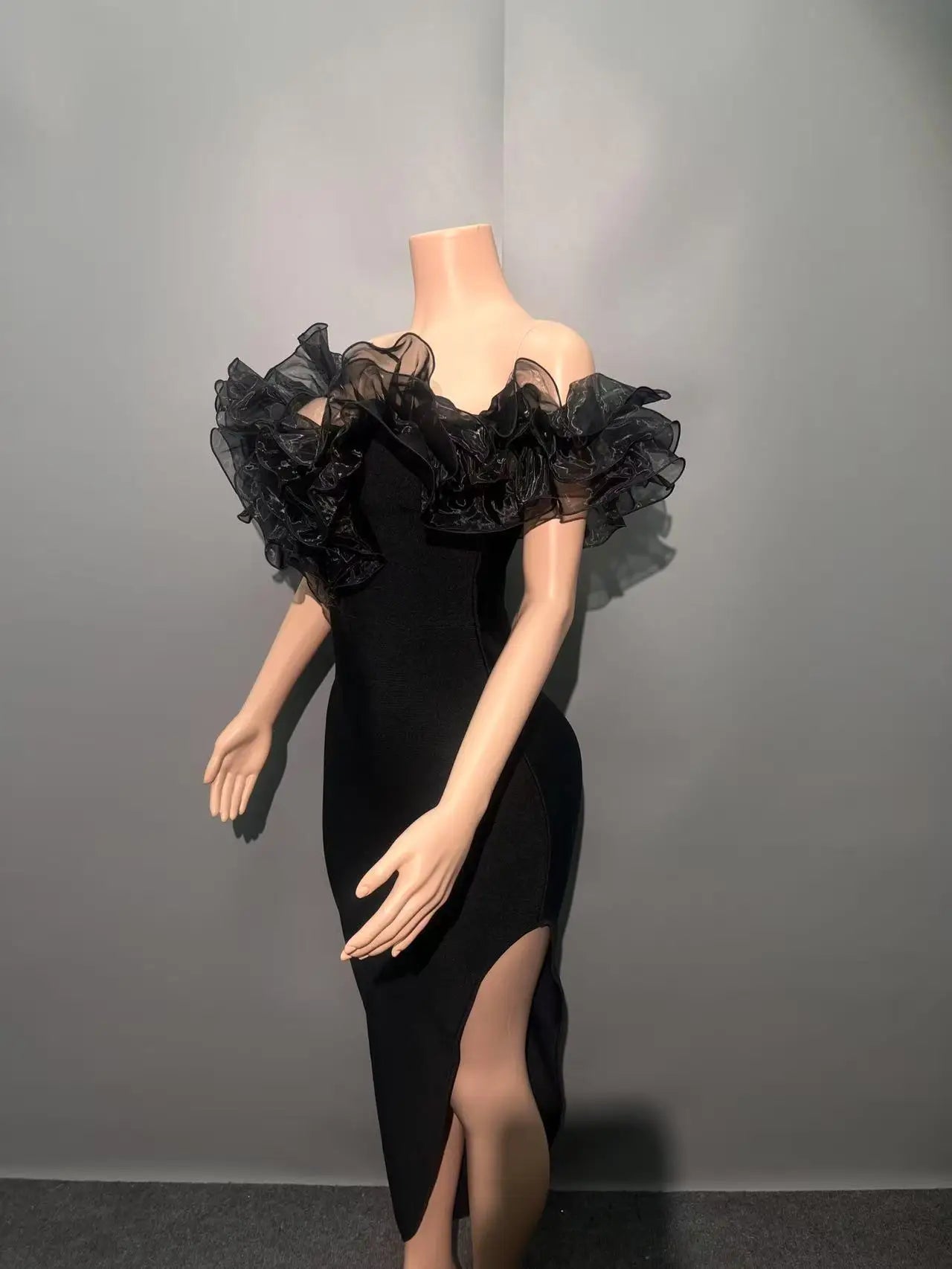 Women Slash Neck Ruffles Bodycon Bandage Mid-calf Dress Celebrate Nightclub Party Birthday Outfit Wholesale