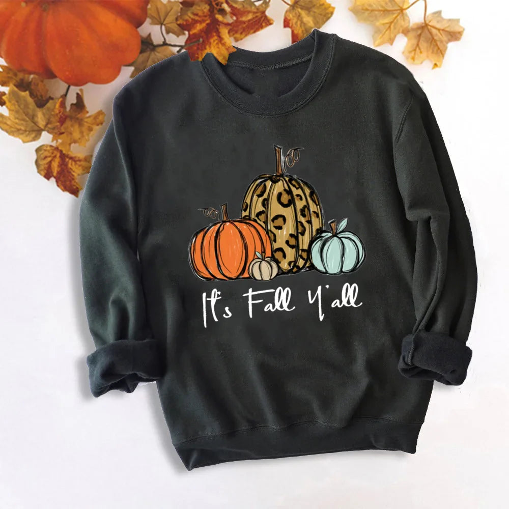 It's Fall Y'all Pumpkin Sweatshirts Thankful Grateful Blessed Hoodie Women Fashion Thanksgiving Pullover Tops Halloween Clothes TM121428-USWBK