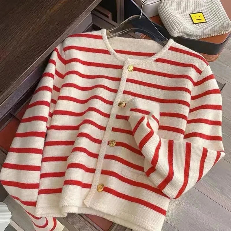Spring Autumn Stripes Knit Cardigan Womens Elegant Long Sleeve Single Breasted Short Coat Ladies O-neck Apricot Knitted Sweaters Red stripe
