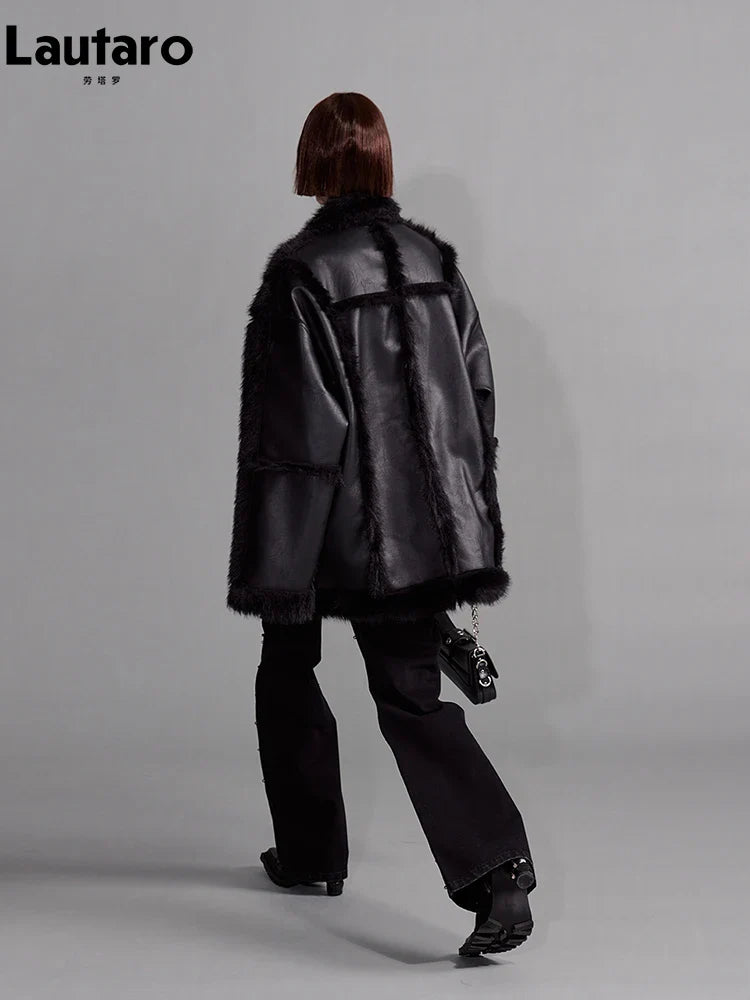 Autumn Winter Cool Loose Black Thick Warm Soft Hairy Faux Sheepskin Coat Women Luxury Designer Clothes Fluffy Jacket