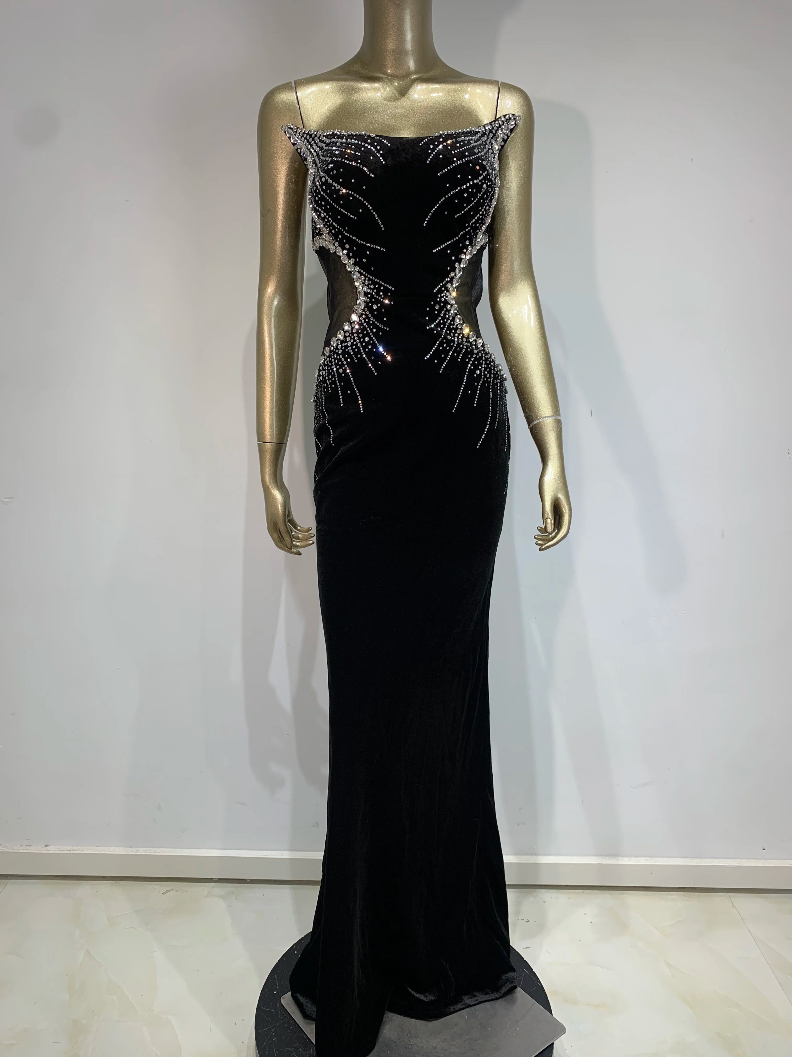 Women Luxury Sexy Strapless Diamonds Crystal Black Maxi Long Gowns Dress 2024 Elegant Evening Party Club Dress Vestido