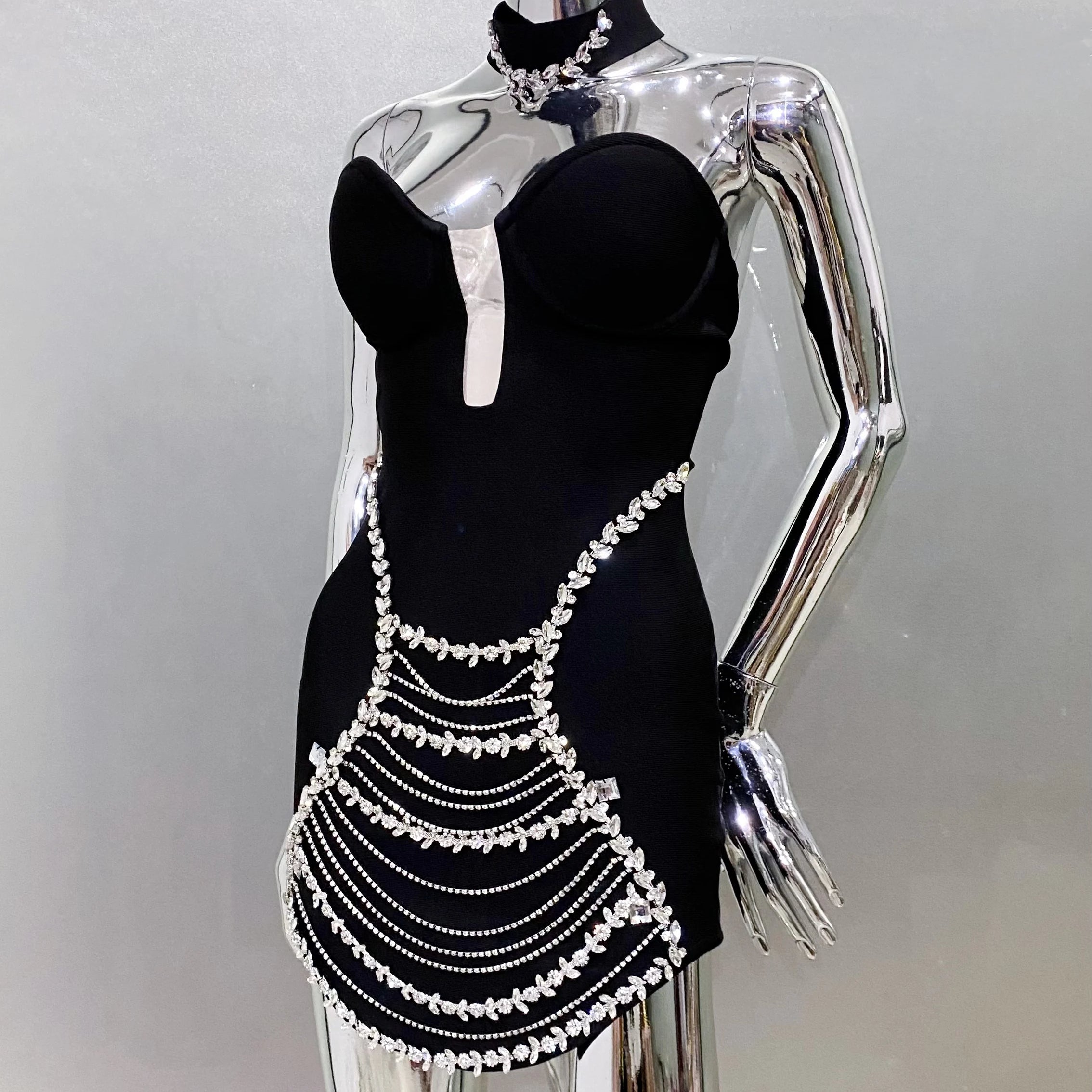 New Stylish Necklace Shining Diamonds Strapless Black Bandage Mini Dress Fashion Woman Party Vestido Celebrity Birthday Outfit